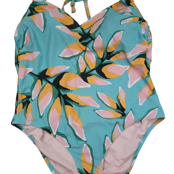 Kona Sol Criss Cross Back One Piece Tropical Leaf Print Swimsuit - Picture 5 of 15